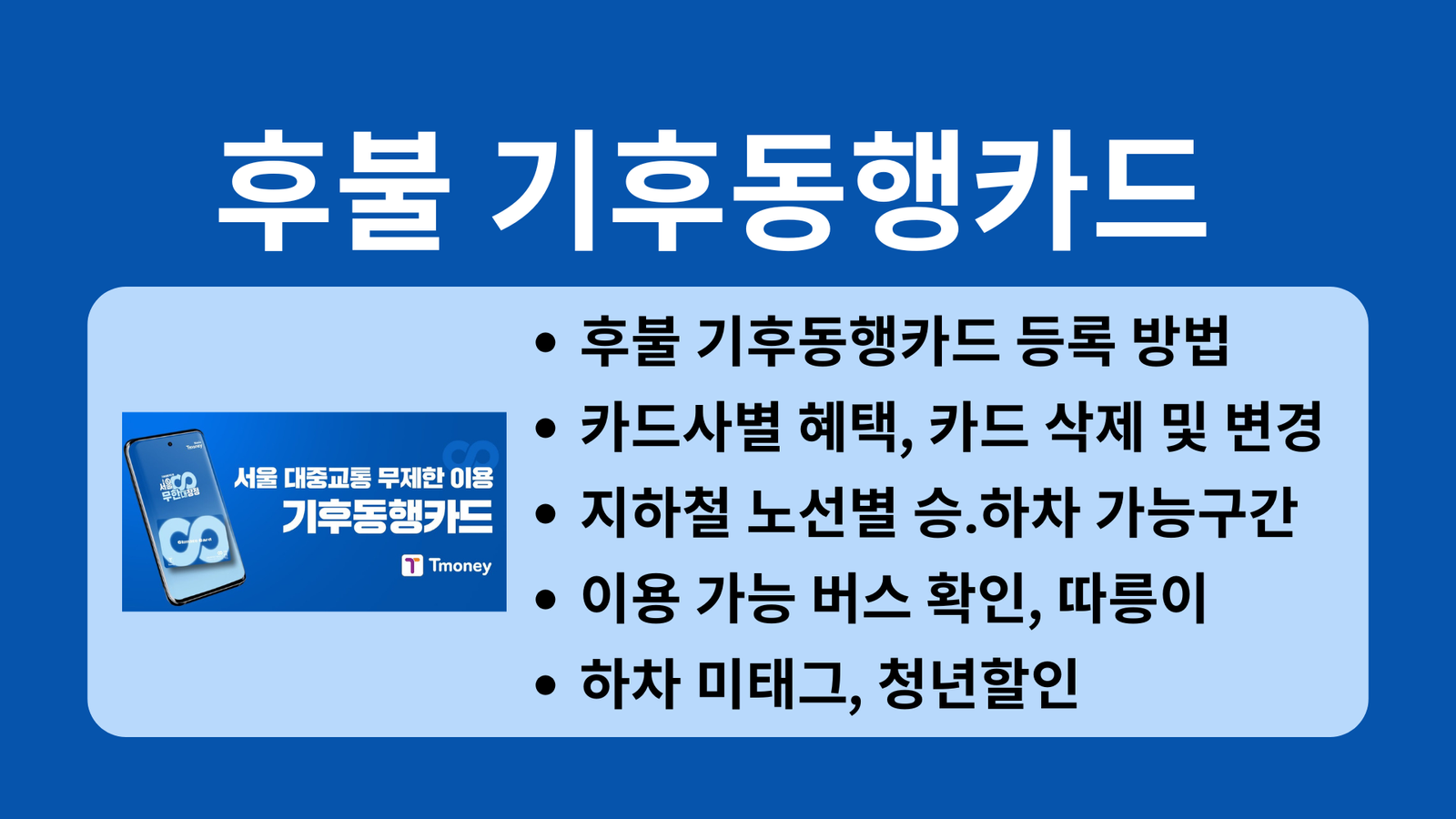 후불 기후동행카드 등록 방법, 카드사별 혜택, 카드 삭제 및 변경, 지하철 노선별 승.하차 가능구간, 이용 가능 버스 확인, 따릉이, 하차 미태그, 청년할인