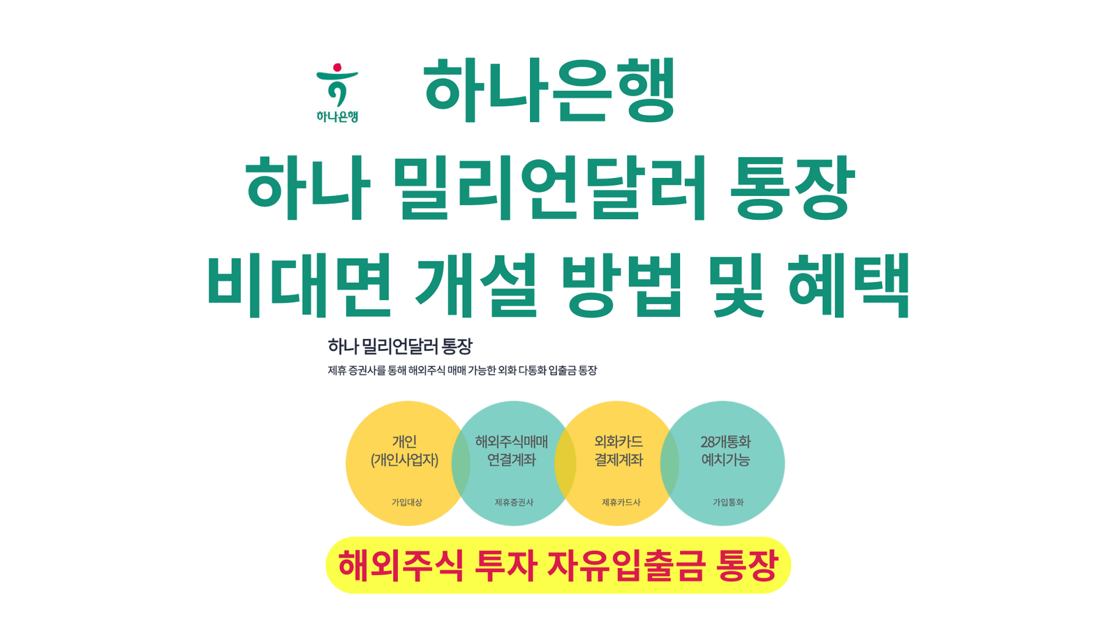 하나은행 하나 밀리언달러 통장 비대면 개설 방법 및 혜택, 해외주식 투자 자유입출금 통장
