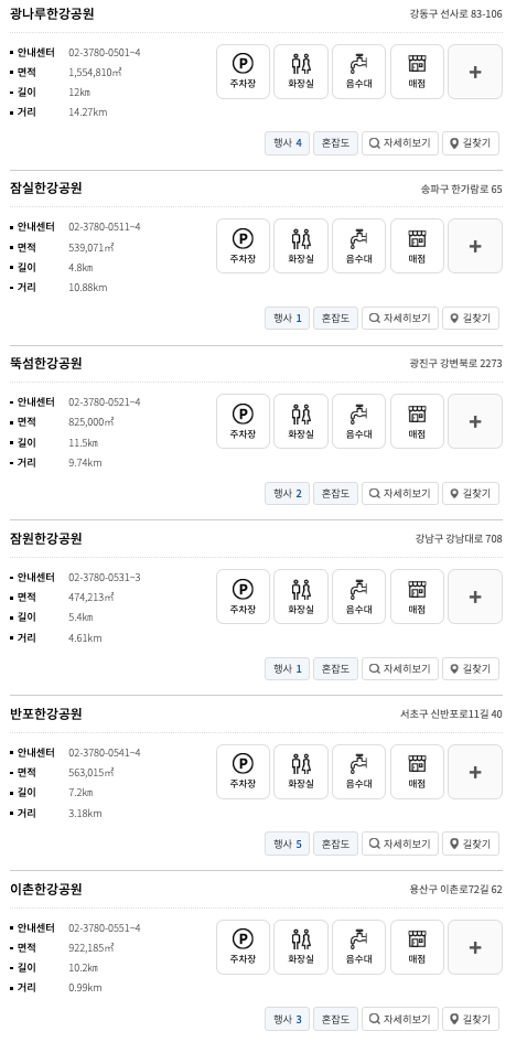 한강공원 공원별 상세시설 1